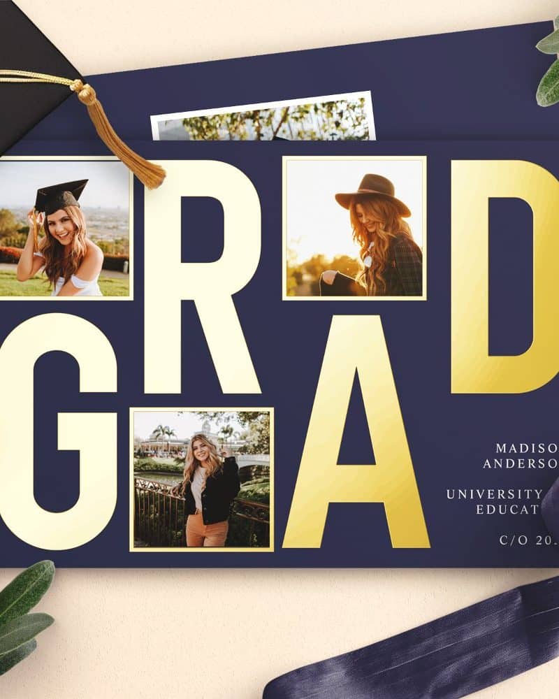 Graduation announcement with gold GRAD lettering on a navy background and four photos of the graduate.
