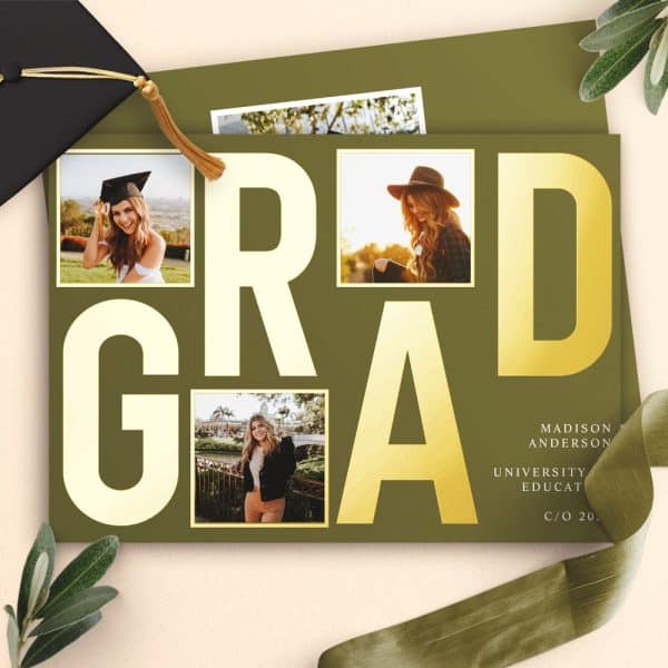 Graduation Announcement With Gold Grad Text Overlaid On Olive Green Background And Four Photos Of The Graduate.