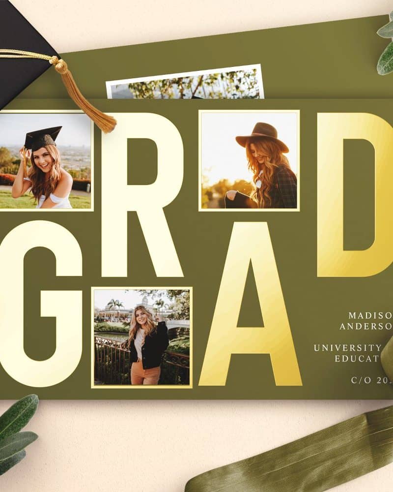 Graduation announcement with gold GRAD text overlaid on olive green background and four photos of the graduate.
