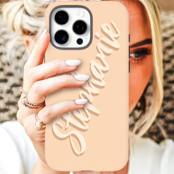 A Light Beige Iphone Case With The Name Stephanie In A Stylized Script Font.
