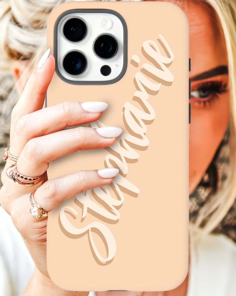 A light beige iPhone case with the name Stephanie in a stylized script font.