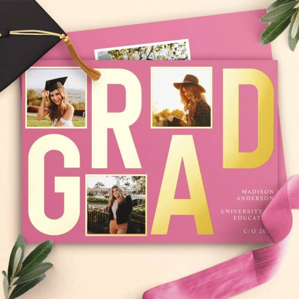 Pink Graduation Announcement With Gold Grad Lettering And Four Photos Of The Graduate.