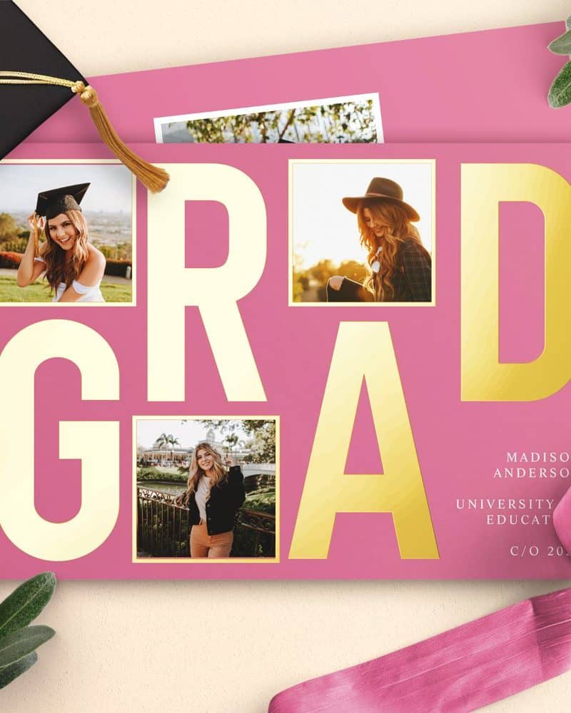 Pink graduation announcement with gold GRAD lettering and four photos of the graduate.