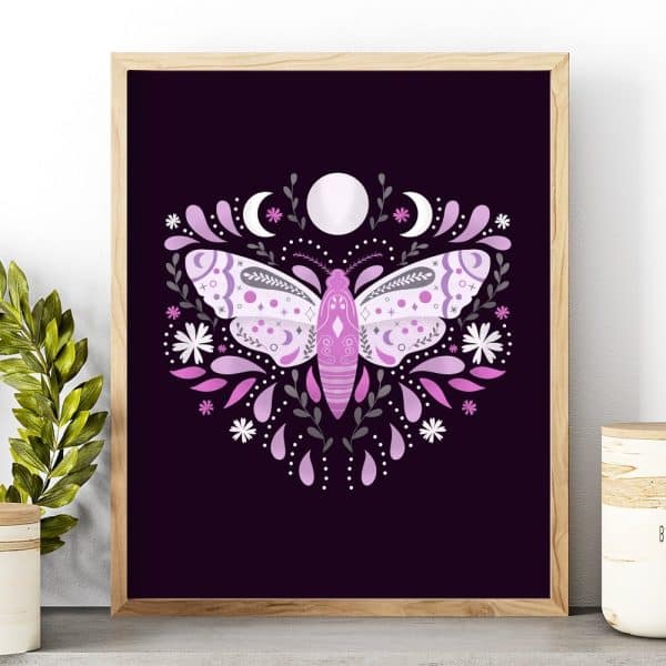Framed Artwork Featuring A Purple Moth Centered In A Floral Design, Accented By Moons And Stars On A Dark Background.