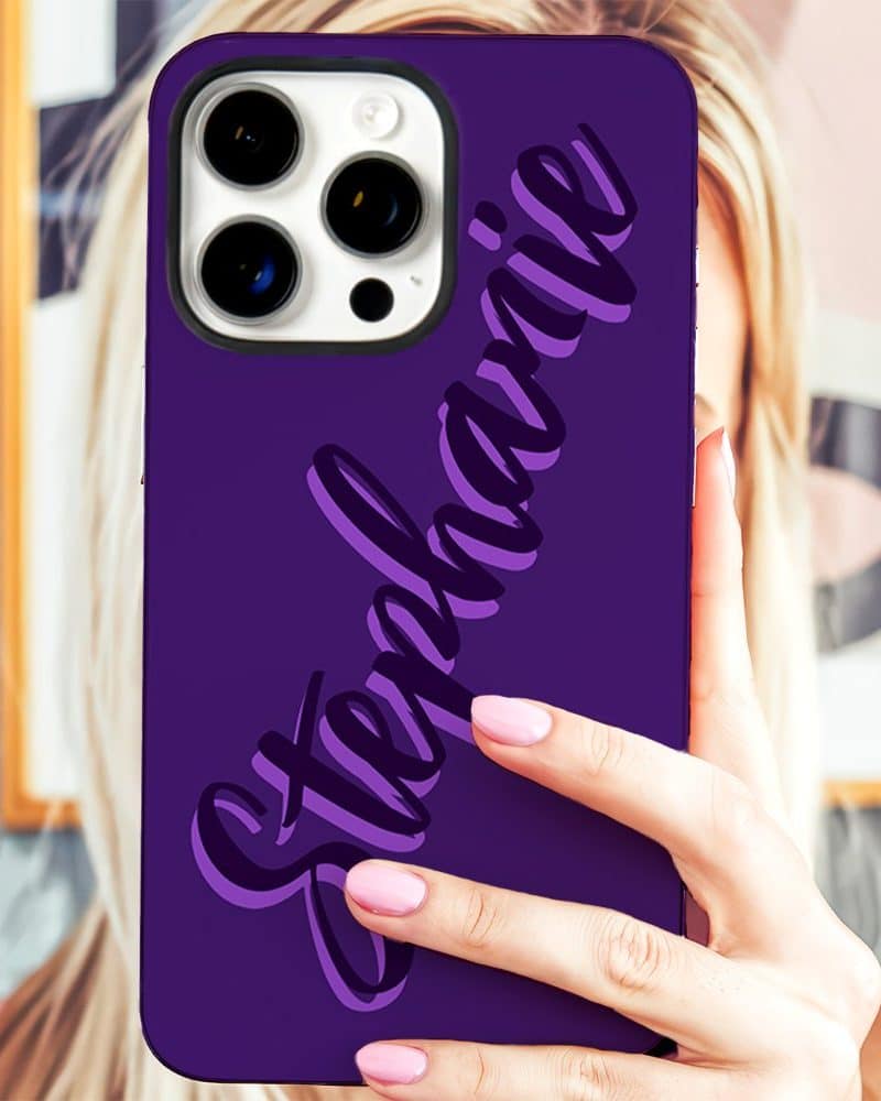 Purple phone case with the name Stephanie in a stylized script.