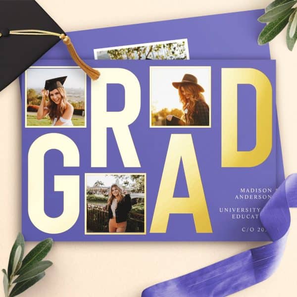 Purple Graduation Announcement With Gold Grad Lettering And Four Photos Of The Graduate.