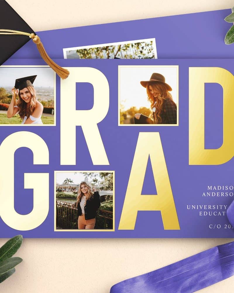 Purple graduation announcement with gold GRAD lettering and four photos of the graduate.