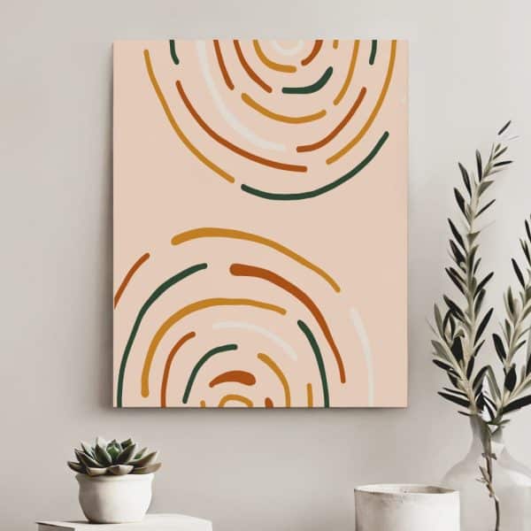Abstract Art Print Featuring Two Sets Of Concentric, Multicolored Semi-Circles On A Light Peach Background.
