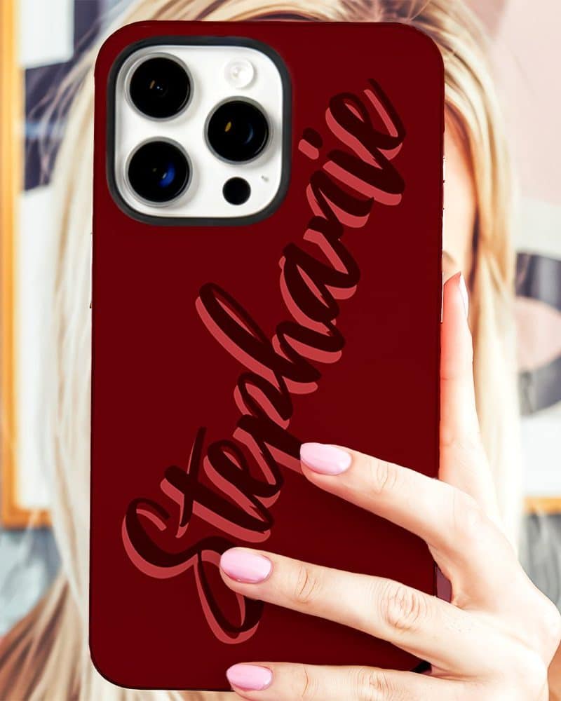 Red phone case with the name Stephanie in a stylized font.