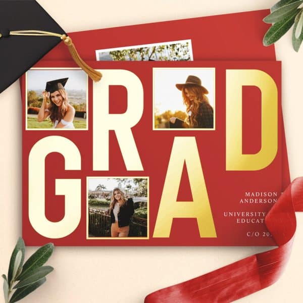Red Graduation Announcement With Gold Grad Lettering And Four Photos Of The Graduate.