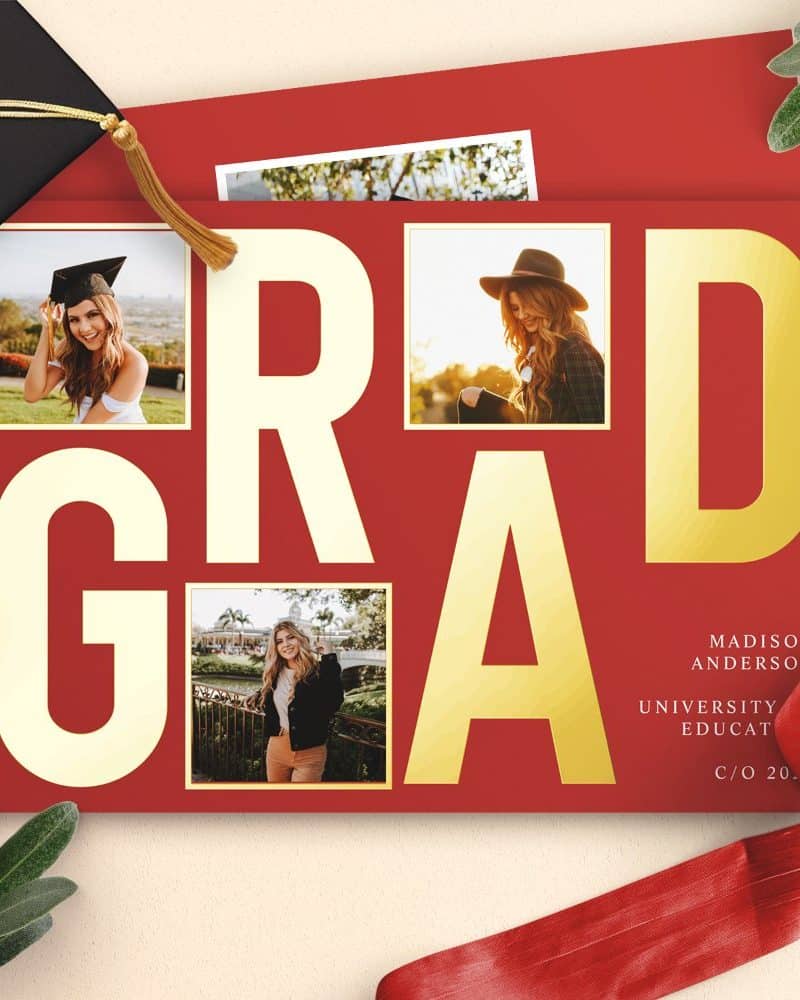 Red graduation announcement with gold GRAD lettering and four photos of the graduate.