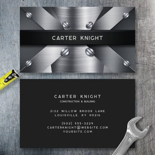 Two Business Cards For Carter Knight Construction &Amp; Building, One With A Brushed Metal Design And The Other Black With White Text.