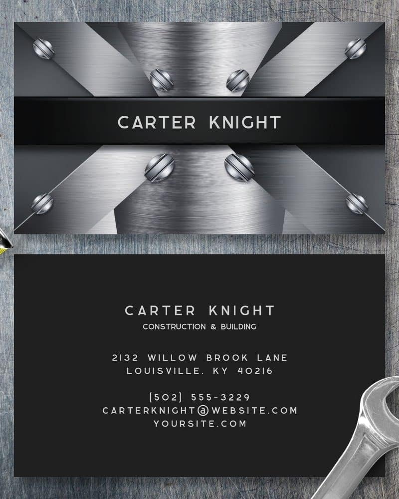 Two business cards for Carter Knight Construction & Building, one with a brushed metal design and the other black with white text.