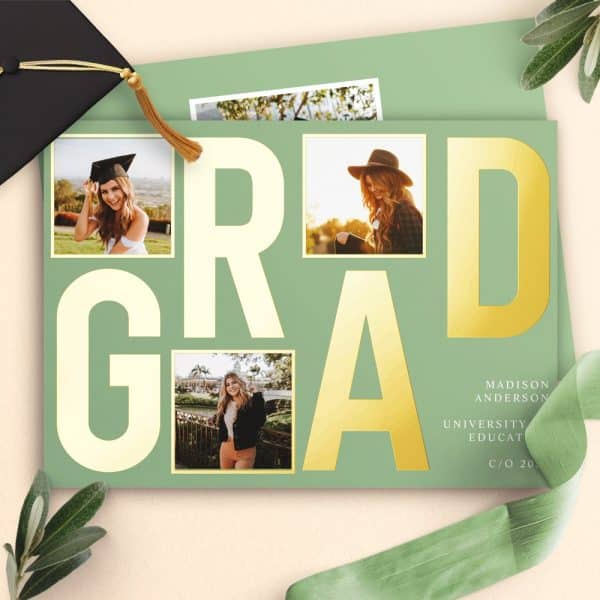 Graduation Announcement Featuring A Green Background, Large Gold Grad Lettering, And Four Photos Of A Female Graduate.