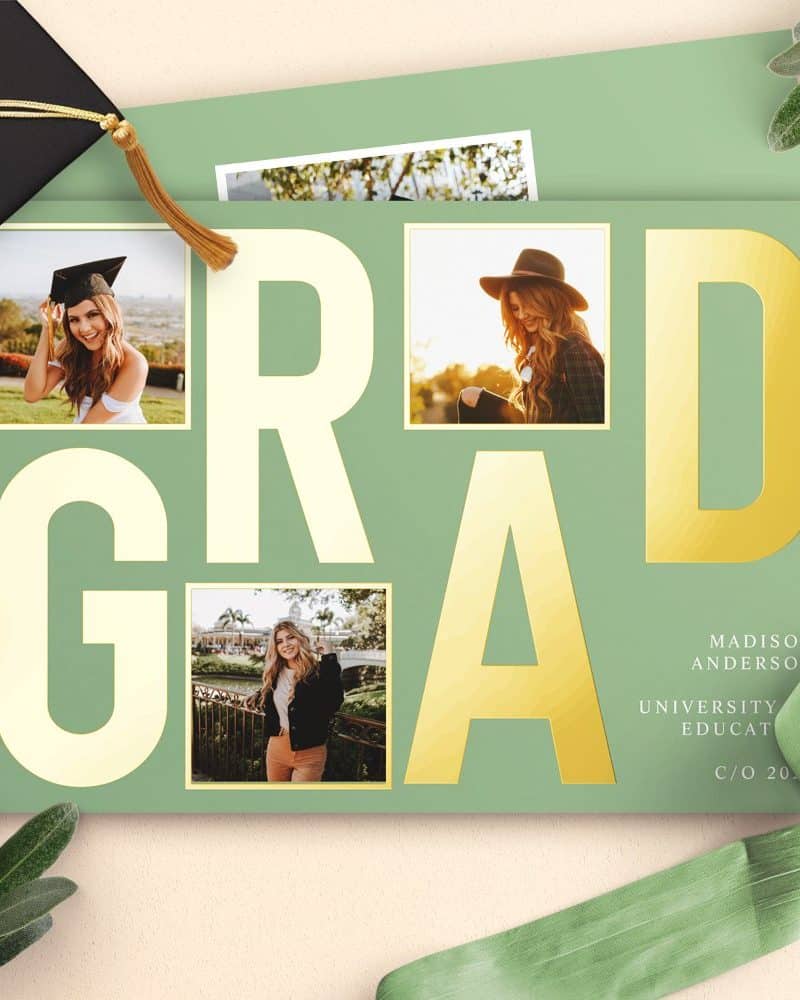 Graduation announcement featuring a green background, large gold GRAD lettering, and four photos of a female graduate.