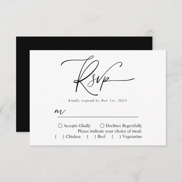 White Rsvp Card With Black Script Lettering And Response Options Including Meal Choices.