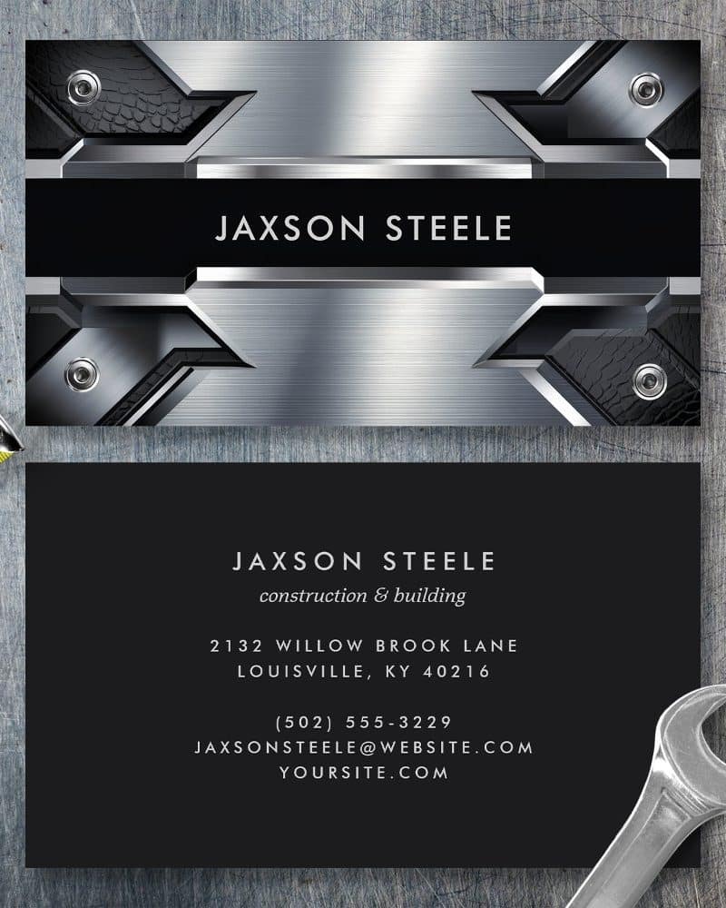 Jaxson Steele construction business card with a metallic silver and black design.