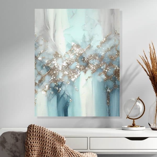 Abstract Painting In Teal, White, And Gold.