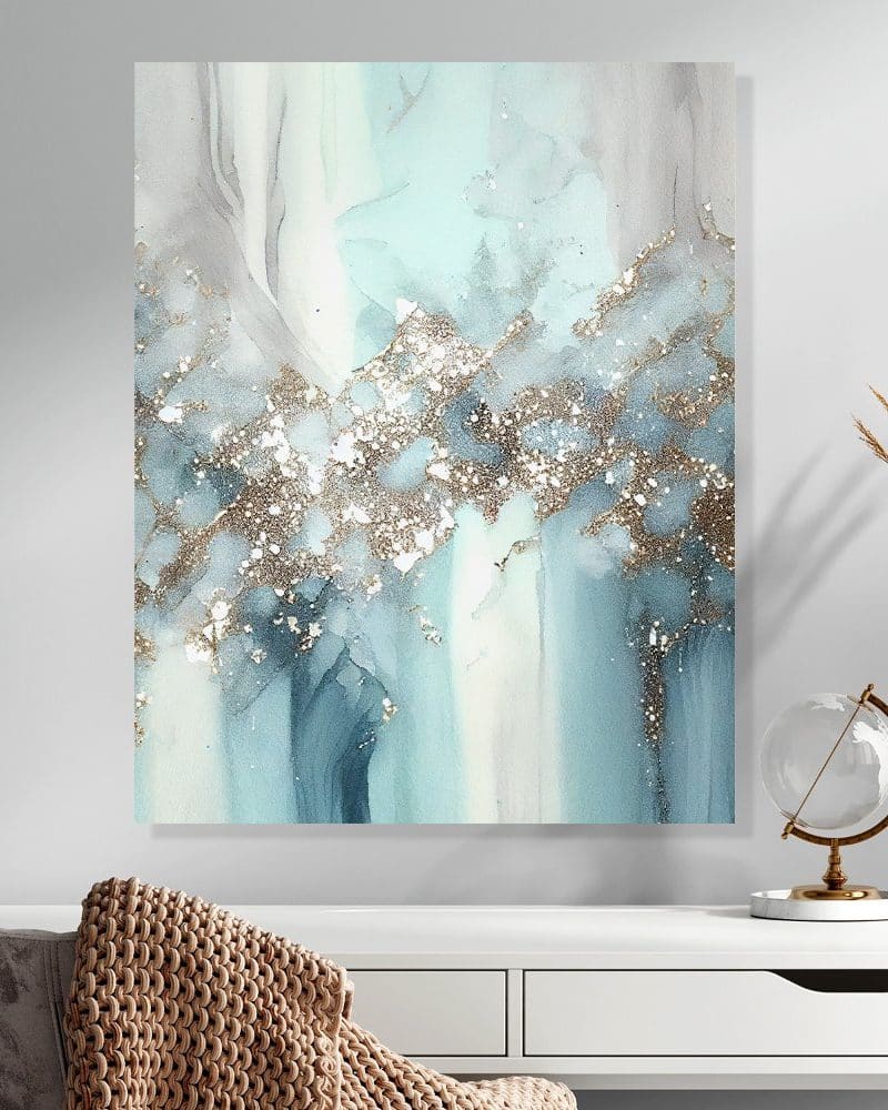 Abstract painting in teal, white, and gold.