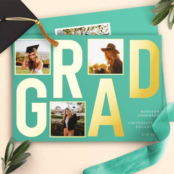 Teal Graduation Announcement With Gold Grad Lettering And Four Photos Of A Female Graduate.