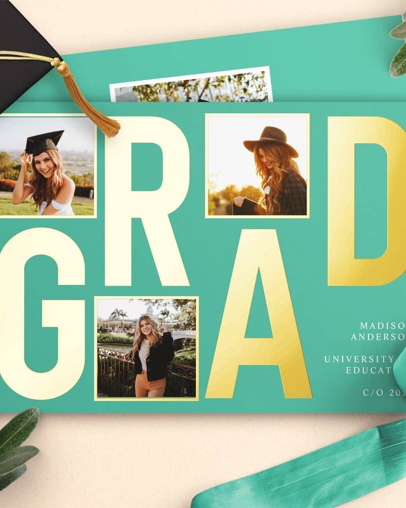Teal graduation announcement with gold GRAD lettering and four photos of a female graduate.