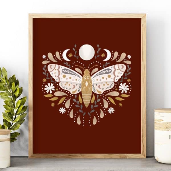 Ornate Moth Illustration In Earth Tones, Framed.