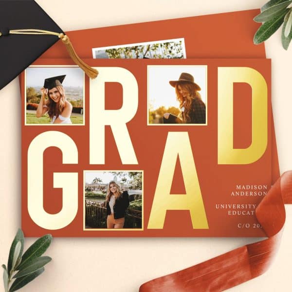 Graduation Announcement With Gold Grad Lettering On A Burnt Orange Background And Four Photos Of The Graduate.