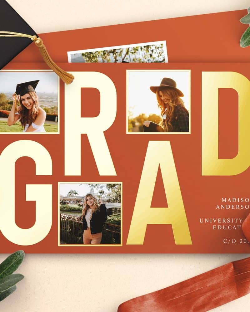 Graduation announcement with gold GRAD lettering on a burnt orange background and four photos of the graduate.