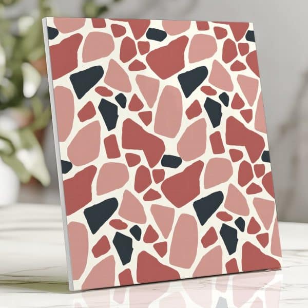 Abstract Terrazzo Print In Pink, Red, And Dark Gray.