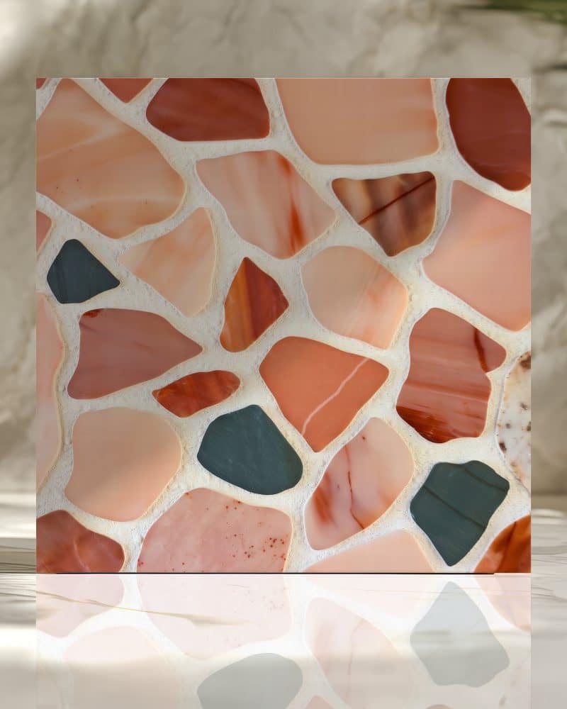 Square mosaic tile with peach, terracotta, and dark green irregularly shaped pieces.