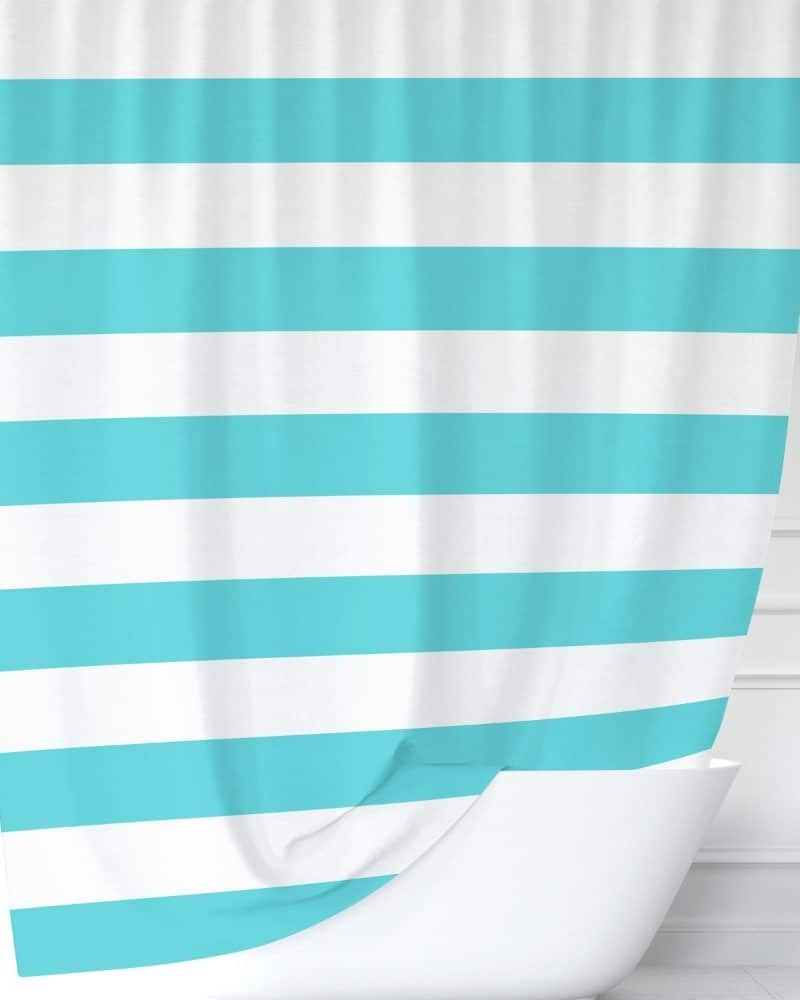 Teal and white striped shower curtain.