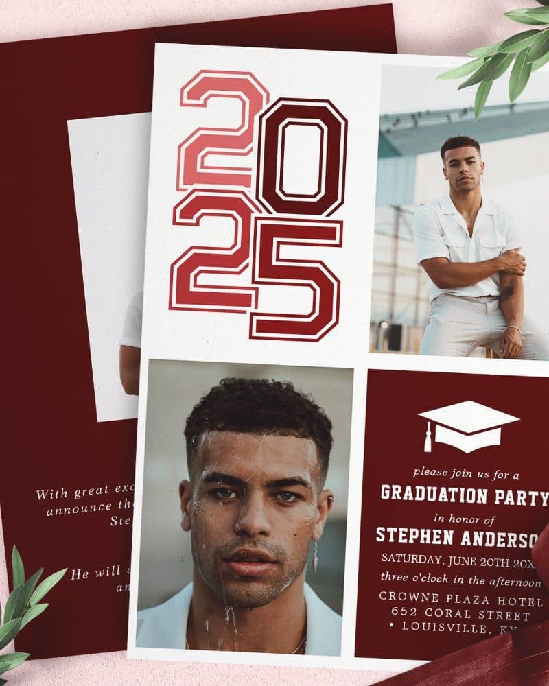 Graduation announcement for Stephen Anderson, class of 2025, featuring photos of the graduate and party details.