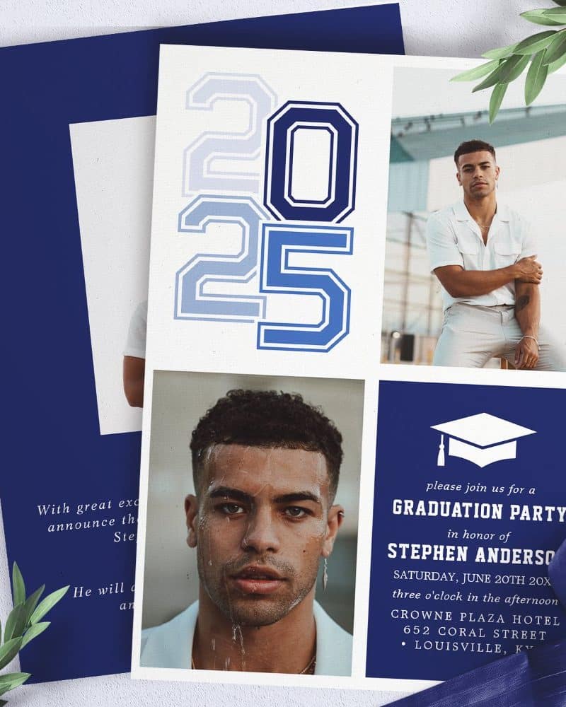 Graduation party invitation for Stephen Anderson, class of 2025, featuring photos of the graduate and details of the event.