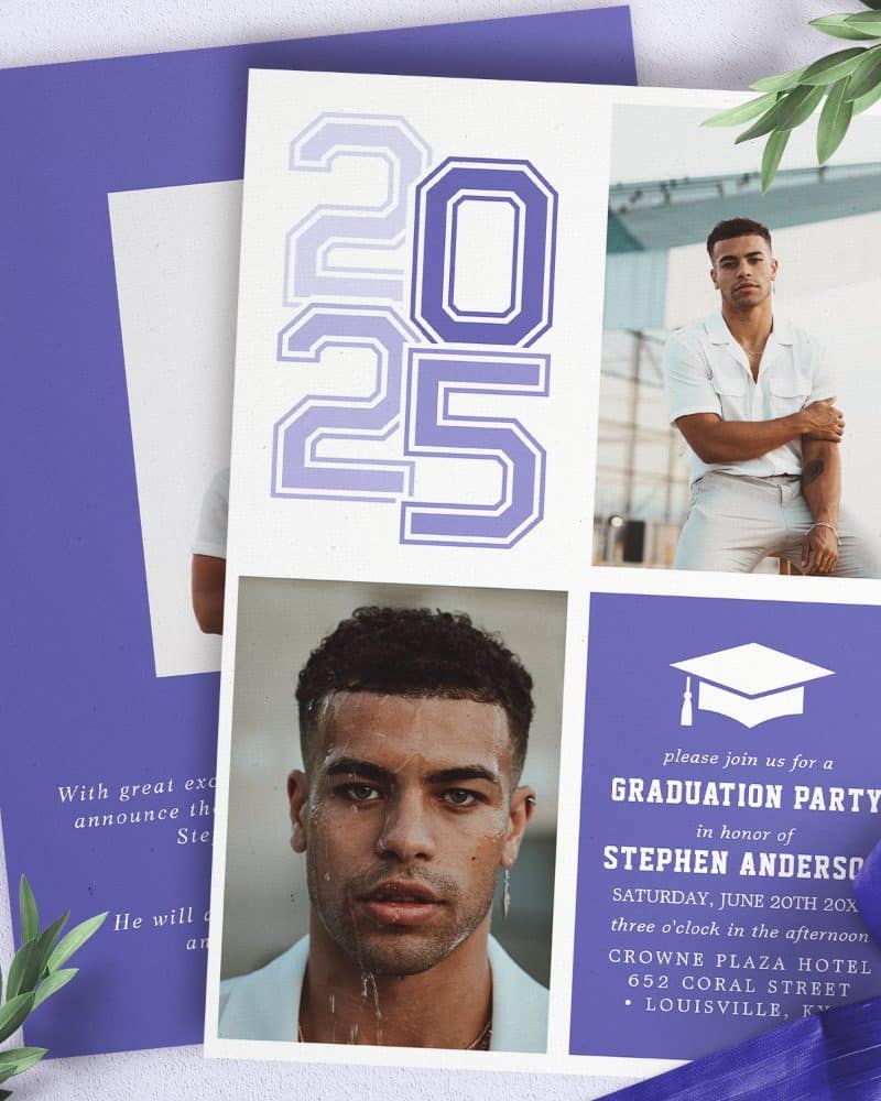 Graduation party invitation featuring photos of the graduate and the year 2025.