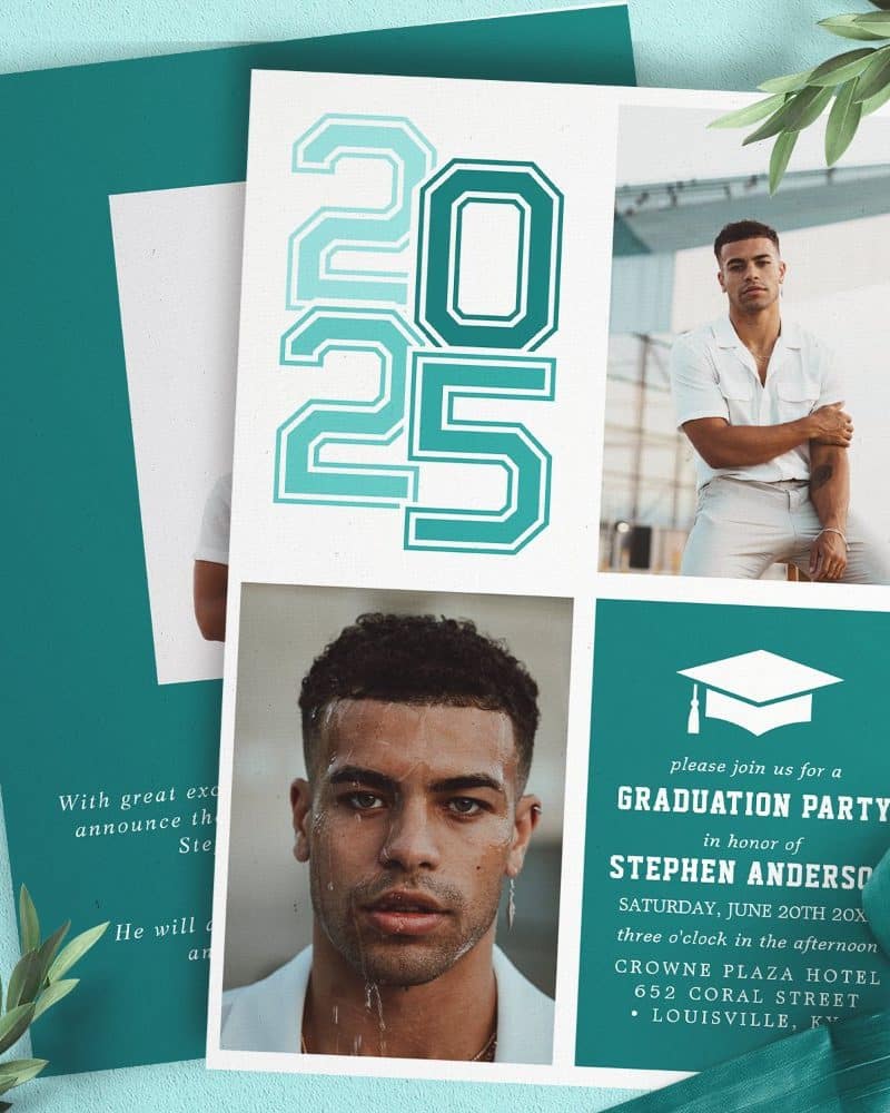Graduation party invitation with photos of the graduate and the year 2025.