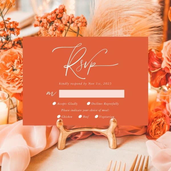 Burnt Orange Rsvp Card With Options To Accept Or Decline, And Meal Choices.