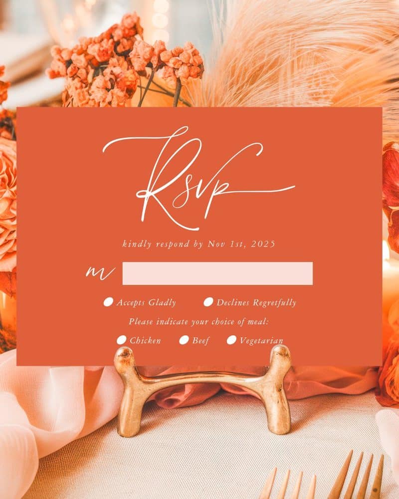 Burnt orange RSVP card with options to accept or decline, and meal choices.