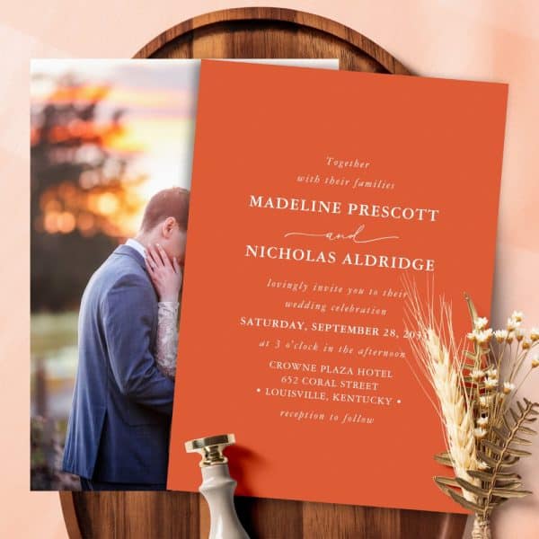 Wedding Invitation For Madeline Prescott And Nicholas Aldridge, Featuring A Photo Of The Couple Embracing.