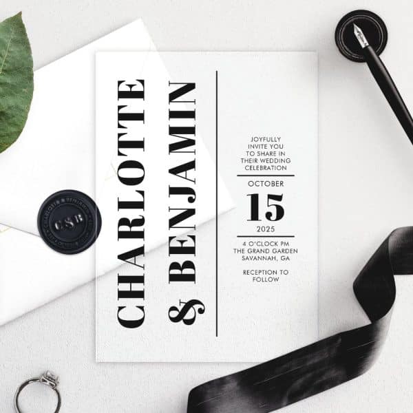 Clear Acrylic Wedding Invitation For Charlotte And Benjamin, October 15, 2025.