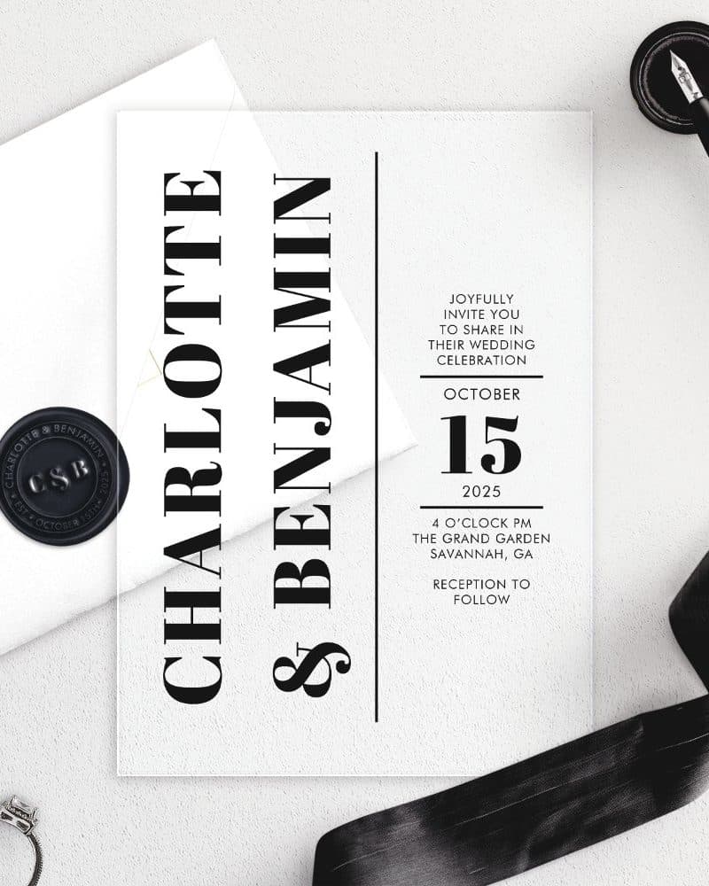 Clear acrylic wedding invitation for Charlotte and Benjamin, October 15, 2025.