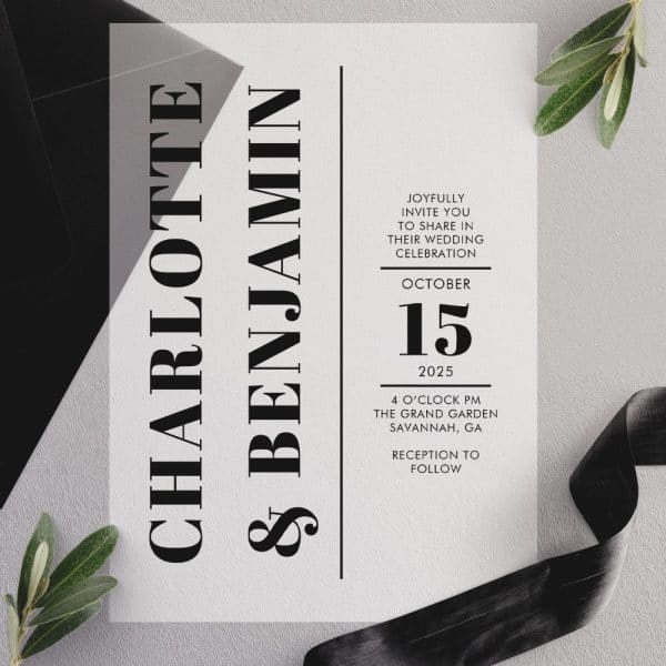 Wedding Invitation For Charlotte And Benjamin, October 15, 2025, At The Grand Garden In Savannah, Georgia.