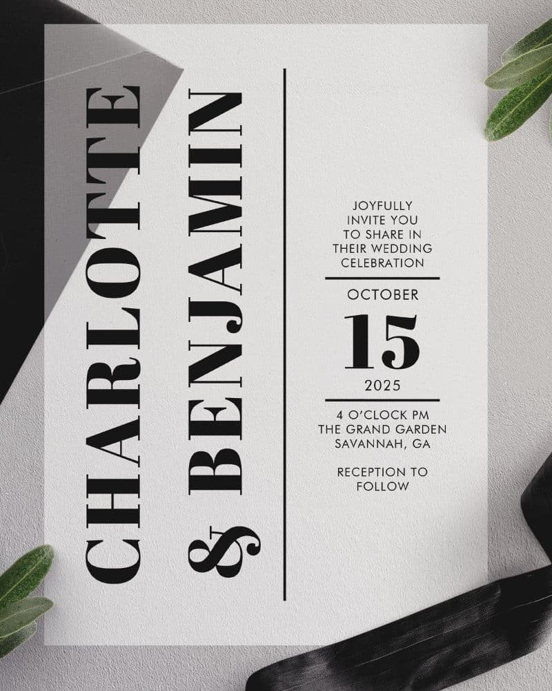 Wedding invitation for Charlotte and Benjamin, October 15, 2025, at The Grand Garden in Savannah, Georgia.