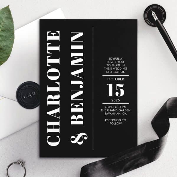 Black And White Wedding Invitation For Charlotte And Benjamin, October 15, 2025.