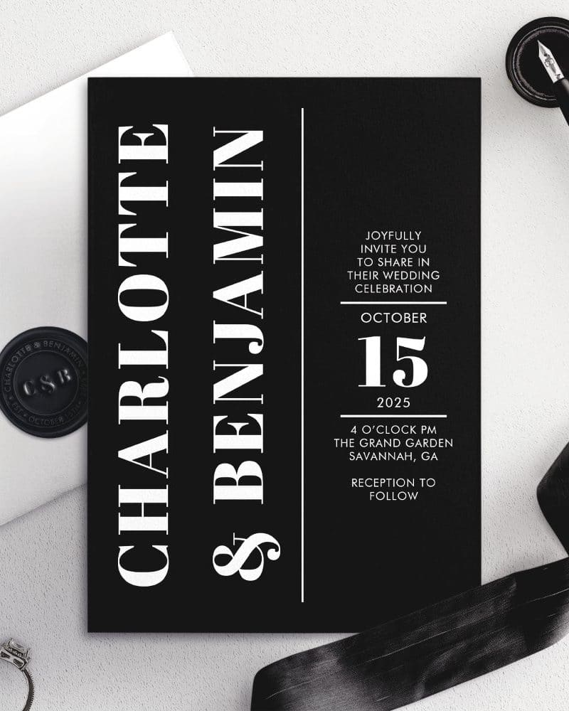 Black and white wedding invitation for Charlotte and Benjamin, October 15, 2025.