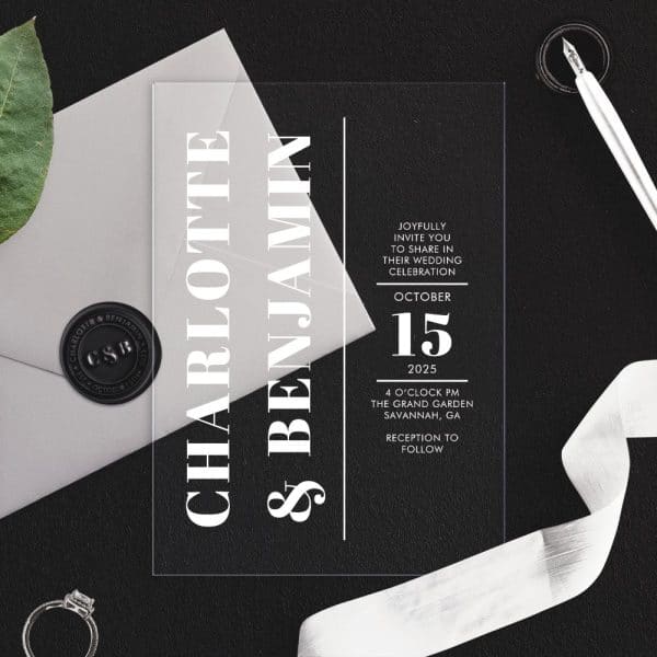 Clear Acrylic Wedding Invitation For Charlotte And Benjamin, October 15, 2025.