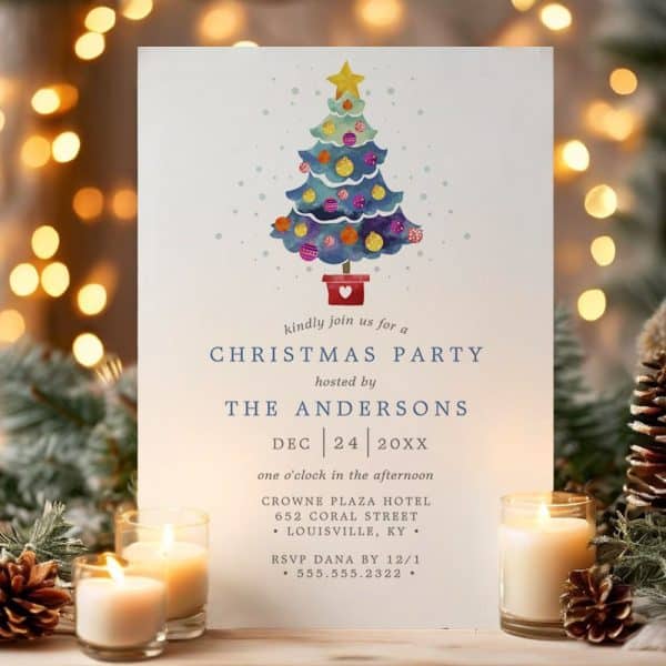 Christmas Party Invitation Featuring A Watercolor Illustration Of A Decorated Christmas Tree.