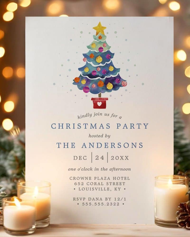 Christmas party invitation featuring a watercolor illustration of a decorated Christmas tree.