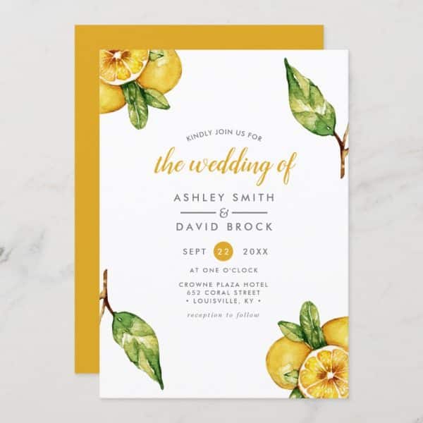 Wedding Invitation For Ashley Smith And David Brock, Featuring Watercolor Lemons.