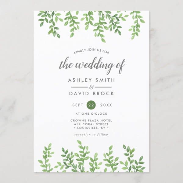 Wedding Invitation For Ashley Smith And David Brock, Featuring A Green Foliage Design.