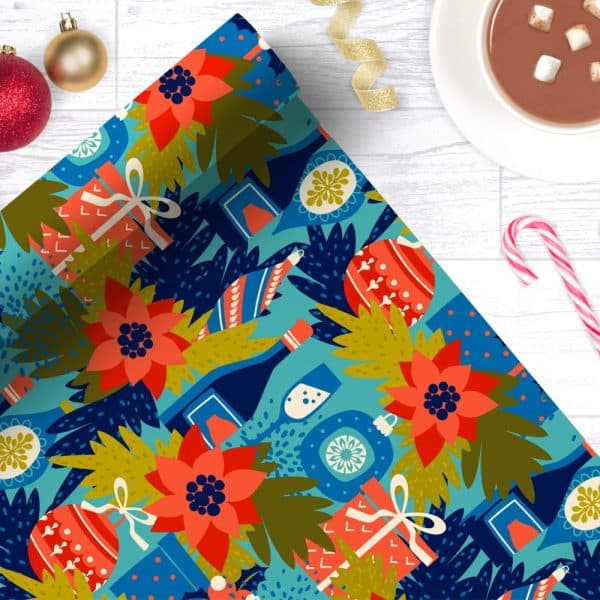 Festive Teal Christmas Wrapping Paper Featuring Poinsettias, Ornaments, Champagne Bottles, And Gifts.